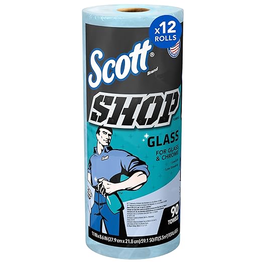 Scott® Shop Towels Glass™ (32896), Blue Shop Towels for Glass, Mirrors and Chrome, 8.6"x11" sheets (90 Towels/Roll, 12 Rolls/Case, 1,080 Towels/Case)