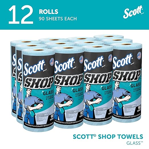 Scott® Shop Towels Glass™ (32896), Blue Shop Towels for Glass, Mirrors and Chrome, 8.6"x11" sheets (90 Towels/Roll, 12 Rolls/Case, 1,080 Towels/Case)