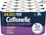Cottonelle Ultra Comfort Toilet Paper with Cushiony CleaningRipples Texture, Strong Bath Tissue, 24 Family Mega Rolls = 108 Regular Rolls (4 Packs of 6)
