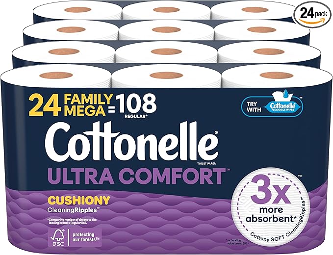 Cottonelle Ultra Comfort Toilet Paper with Cushiony CleaningRipples Texture, Strong Bath Tissue, 24 Family Mega Rolls = 108 Regular Rolls (4 Packs of 6)