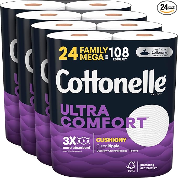 Cottonelle Ultra ComfortCare Soft Toilet Paper, 24 Family Mega Rolls, Bath Tissu