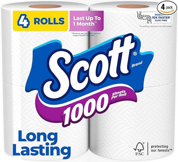 Scott 1000 Sheets Per Roll Toilet Paper, 4 Rolls, Bath Tissue