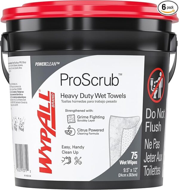 WypAll PowerClean ProScrub Heavy Duty Wet Towels (91371), Dual Action Cleaning, Large 9.5 x 12 Wipes, Bucket Included (6 Containers of 75 Sheets, 450 Sheet Total)