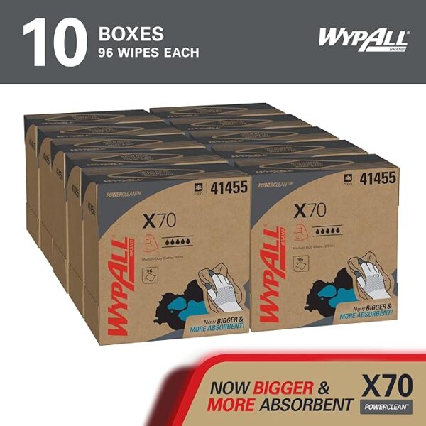 WypAll PowerClean X70 Cloths Medium Duty Wipes (41458), Pop-Up Box, Long Lasting Towels, White (10 Packs of 96 Sheets, 960 Sheet Total)