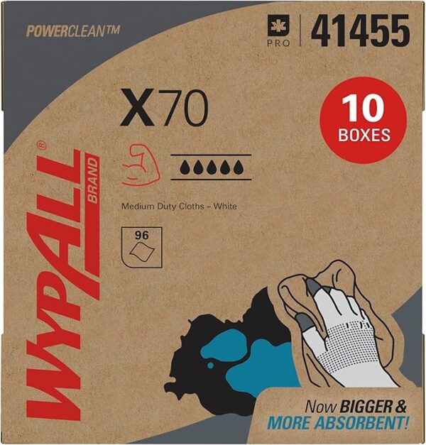 WypAll PowerClean X70 Cloths Medium Duty Wipes (41455), Pop-Up Box, Long Lasting Towels, White (10 Packs of 96 Sheets, 960 Sheet Total)